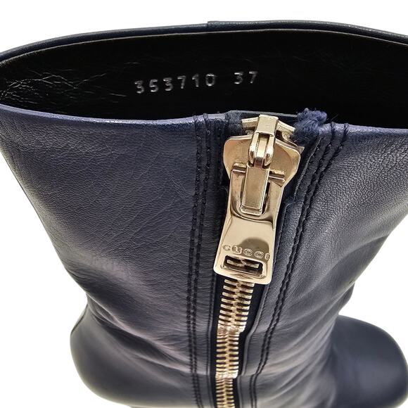 Gucci Platform Block Heel Short Boot Navy Blue Leather Zip Up Size 37 US 7 - Picture 11 of 12